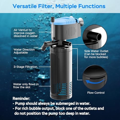 AquaMiracle 225GPH Internal Aquarium Filter, 3-Stage Fish Tank Filter with Dual Outlets & Aeration, Water Flow Adjustable Turtle Filter for 20-70 Gallon Tanks