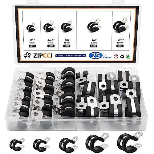 ZIPCCI Cable Clamps Assortment Kit, 25 Pack Stainless Steel Rubber Cushion Pipe Clips (1/4'' 5/16'' 3/8'' 1/2'' 5/8'' 3/4'' inch) - size: 1/4" to 3/4" Assortment (25 Pack)