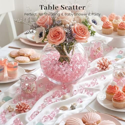 DomeStar Pink Fake Ice, 150PCS Acrylic Fake Diamonds, Plastic Crystals Gems, Vase Fillers DIY Craft Makeup Brush Rocks Wedding Party Table Centerpieces Scatter Decorations - color: Light Pink