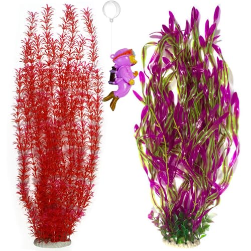 2 Pack Aquarium Decor Artificial Seaweed Water Plants, Extra Large 23.6 Inches Fish Tank Plastic Plants, Tall Fish Tank Decorations with a Aquarium Diver Ornament (Red) - color: Red