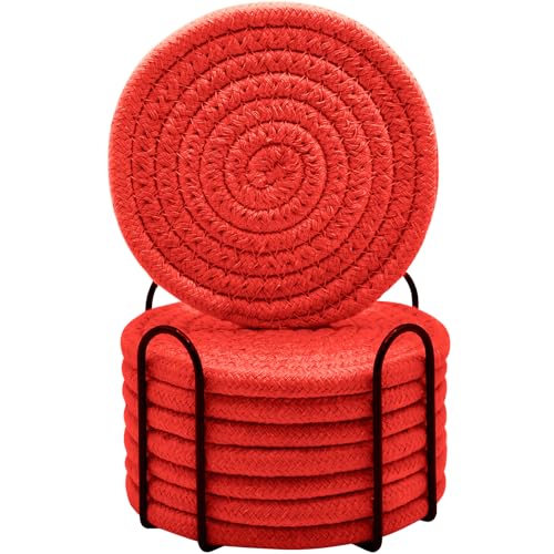 ABenkle 8 Pcs Drink Coasters with Holder, Cotton Woven Absorbent Coasters for Drinks, Minimalist Home Decor Coaster Set for Wooden Tabletop Protection Table, 4.3 inches - color: Red, size: 8 Pcs