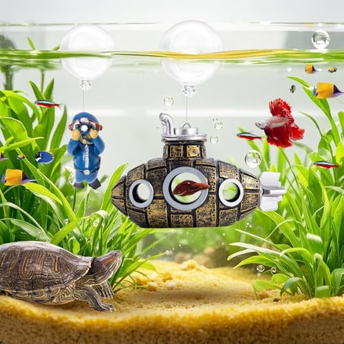 New Upgrade Floating Fish Tank Decoration, Cute Retro Submarine Set and Floating Diver,Three Float Balls, Aquarium Decorations Resinous Betta Fish Tank Accessories - color: Gilding