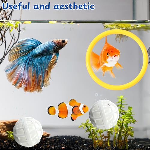 Betta Fish Enrichment Toys Ring and Filter Balls set, Fishes Ring Enrichment Toy and Tank Cleaner Ball, Aquarium Feeding Rings with Nitrifying Balls, Betta Fish Tank Accessories (Yellow, 6.4cm) - color: Yellow