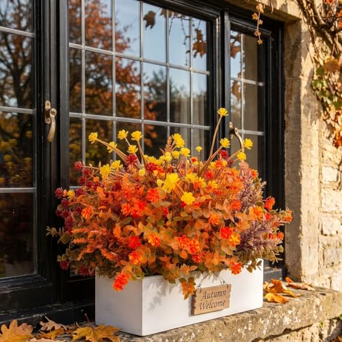 Hananona 12 Pcs Artificial Fall Flowers Outdoor, Faux Artificial Plants UV Resistant Plastic Autumn Flower for Hanging Planter Front Door Porch Window Home Decor (12, Orange) - color: Orange