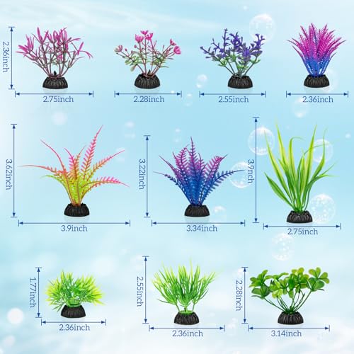 RAINFLOW Artificial Aquarium Plants Decorations - 10Pcs Green & Purple Small Artificial Seaweed Fish Tank Decorations,Aquarium Decor Set,Plastic Plants Betta Fish Tank Accessories