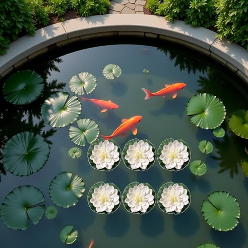6Pcs White Artificial Lotus Flowers Large Floating Faux Lotus Water Lily Flowers Fish Pond Artificial Plants with Artificial Lily Pads, Home Decor Artificial Flowers