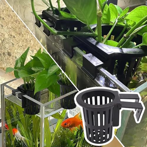 Aquarium Plant Holder 2PC with Hooks & Suction Cups, Aquatic Plant Cup for Fish Tank, Aquaponic & Aquascape Decoration, Black
