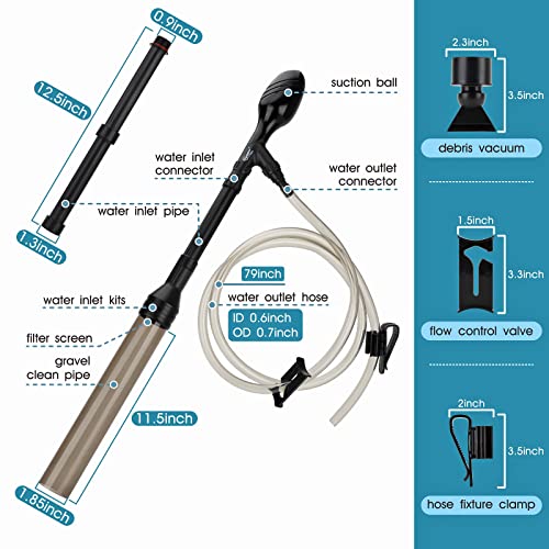 hygger Manual 256GPH Gravel Vacuum for Aquarium, Run in Seconds Aquarium Gravel Cleaner Low Water Level Water Changer Fish Tank Cleaner with Pinch or Grip Suction Ball Adjustable Length - size: L