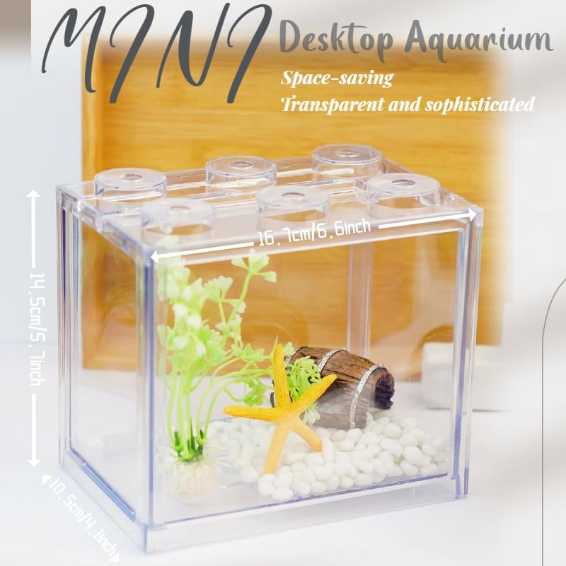 Small Betta Fish Tank, Stackable Mini Fish Tank Tiny Aquarium Tank Kit with Aquarium Gravel & Resin Decorations, 0.6 Gallon Cube Desktop Fishbowl for Snails, Crabs, Starfish (Clear) - color: Clear
