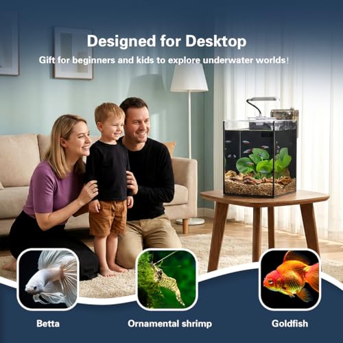 Fish Tank Kit,1.2 Gallon Small Aquarium,Ultra-Clear Nano Aquarium,Betta Fish Tank,Small Fish Tank,Aquarium Starter kit with Light,Filter,Pine Skin Stone,Sand and Artificial Plants - size: 5.9"L x 5.9"W x 7.87"H