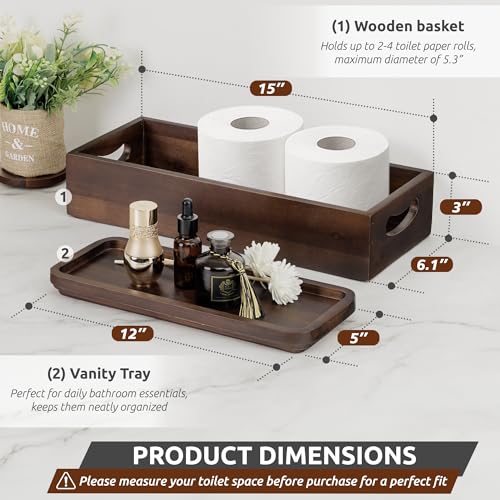 Handmade Toilet Tank Basket Topper & Vanity Tray Set of Natural Acacia Wood by DEMIGO, Created by Skilled Artisans, Smooth, Durable, Attractive Decor for Bathroom, Kitchen, Home, Spa (Dark Brown) - color: Dark Brown