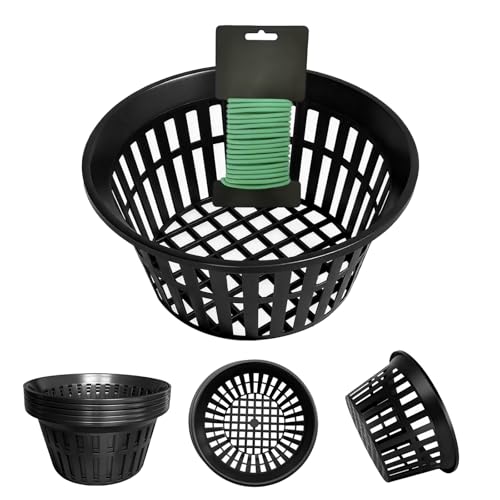 5 Pack 11 Inch Heavy Duty Hydroponic Net Pots, Black Strong Plastic Slotted Mesh Baskets for Orchids, Staghorn Ferns and Airy Grid Planters, with Support Wire