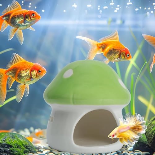 Aquarium Mushroom House Decorations, Ceramic Fish Tank Hideout Landscaping, Small Fish Hideaway Spawning Cave Decor for Shrimp Goldfish (Green) - color: Green