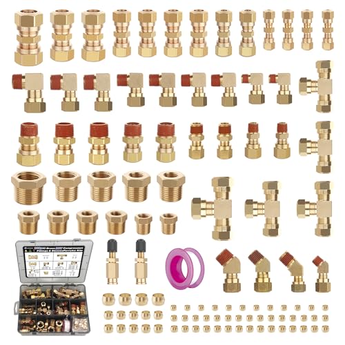 109Pcs Brass DOT Air Brake Line Fittings, 1/4" 1/8" 3/8" 1/2" 5/8" Compression Air Nylon Tubing Fitting Assortment Repair Kits for Truck or Industrial System