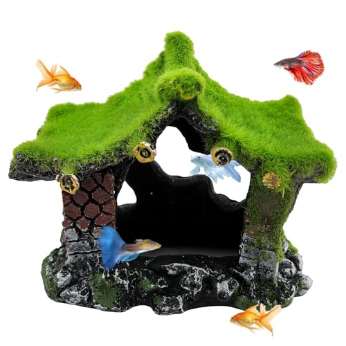 Resin Aquarium Decoration Cave with Moss, Hollow Fish Tank Hideout for Betta, Shrimp, Small Fish - Stable Base, Salt & Fresh Water Safe