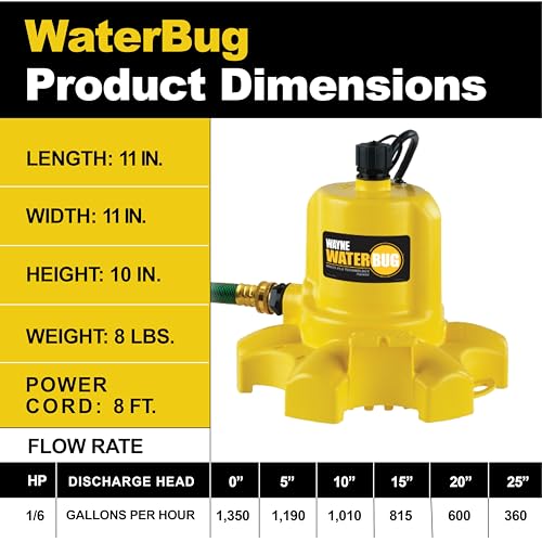 WAYNE - WaterBUG 1/6 HP 1350 GPH Submersible Pump with Multi-Flo Technology - Water Removal and Transfer Pump, Yellow - style: WaterBUG Original