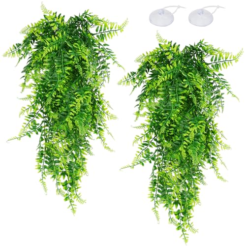 2 Pack Reptile Plants Terrarium Hanging Plant Artificial Leaves Reptile Hide with Suction Cup, Reptile Tank Accessories for Bearded Dragon Lizard Snake Geckos Chameleon