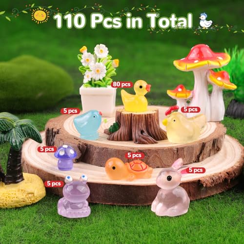 110PCS Mini Resin Animals Tiny Cute Figurines Glow in Dark, Miniature Figures to Hide, Little Animal Small Accessories for Topper Desk Garden Dollhouse Landscape Aquarium Ornaments Crafts & Decor - color: Luminous Animals A-110pcs