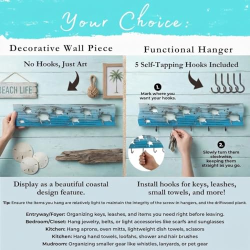 Sea Turtle Driftwood Wall Art & DIY Key Holder – Handmade Coastal Home Decor – 17.5" Genuine Weathered Wood Plank with 5 Removable Hooks for Keys, Leashes, and Jewelry – Beach House Entryway Organizer (Turtle Bay) - style: Turtle Bay