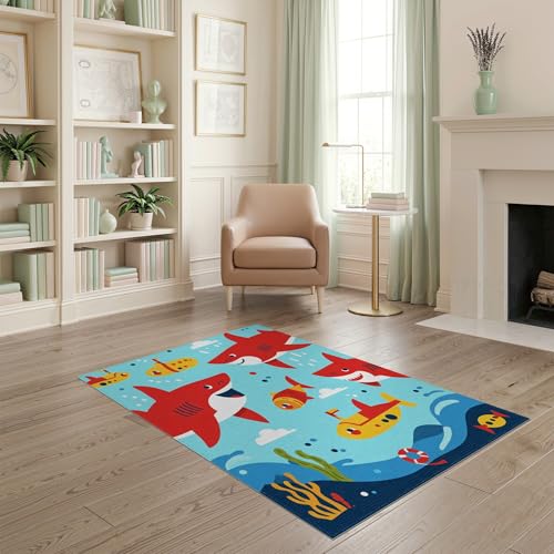 4'x6' Washable Flatwoven Rug, Red Kawaii Wave Easy Care Throw Carpet Stain Resistant Low Profile Floor Covering for Dorm Room, Small Living Room, Apartment | Ref:2070041 - color: Blue/Pattern 18, size: 4' x 6' (Rectangular)