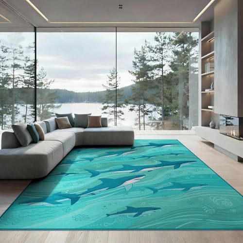 8'x10' Washable Graphic Wave Area Rug, Seafoam Green Foldable Oversized Carpet Non-Slip Flatwoven Floor Covering for Living Room, Under Sectional, Family Room | Ref:2068648 - color: Blue/Pattern 12, size: 8' x 10' (Rectangular)