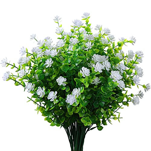 XLFAQXM Artificial Plants Flowers Grass Shrubs 8 Pack No Fade Faux Plastic Flowers Outdoor for Vases Farmhouse Garden Porch Patio Office Indoor Wedding Decoration Greenery Fake Plants (2#White) - color: 2#white