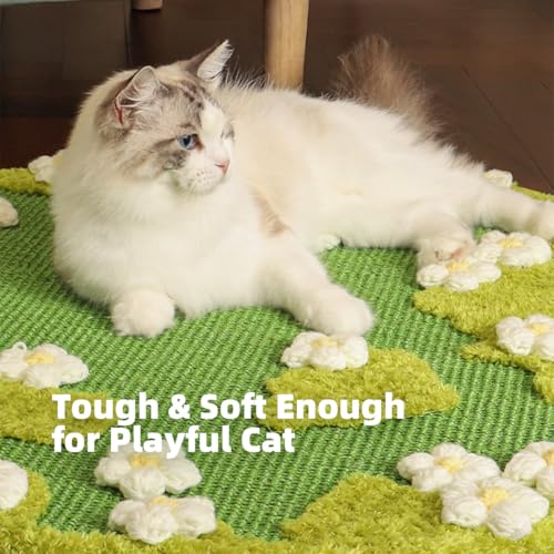 31 x 31 Inch 3D Garden Cat Scratcher Mat, Flower Sisal Cat Scratch Pad, Floor Cat Scratching Pads Rug for Indoor Cats, Protector for Wall&Carpets&Sofas, Green Moss Cat Claw Pad (White Flowers)