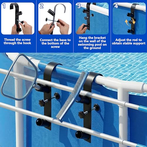 codree 2 Pcs Pool Leaf Skimmer Net Holder, Adjustable Above Ground Pools Hooks, Swimming Pool Pole Hangers for Hanging Tool, Hose, Leaf Rakes, Nets Pool-Accessories - color: Curved Black-2