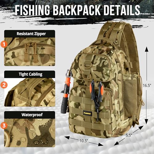 PLUSINNO Fishing Backpack with Floating Fishing Net, Tackle Boxes, Waterproof Sling Tackle Bag For Fish Gear With Rod Holder, Gifts for Men - color: Fishing Backpack With Fishing Net (Orange)