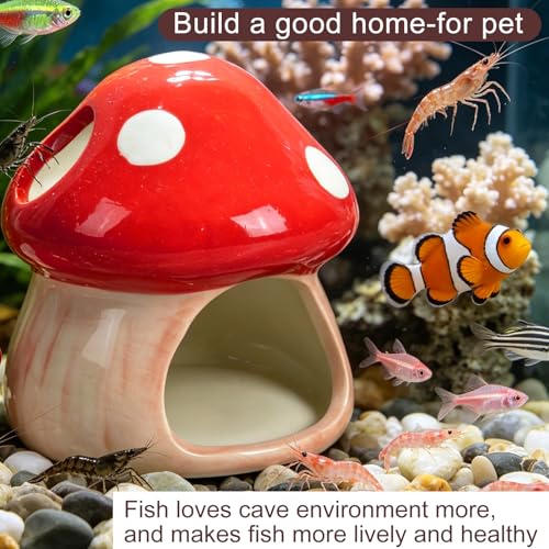 Cute Aquarium Mushroom House Betta Fish Tank Accessory Decor Mini Ceramic Fish Hideout Shrimp Cave Ornament (Red) - color: Red