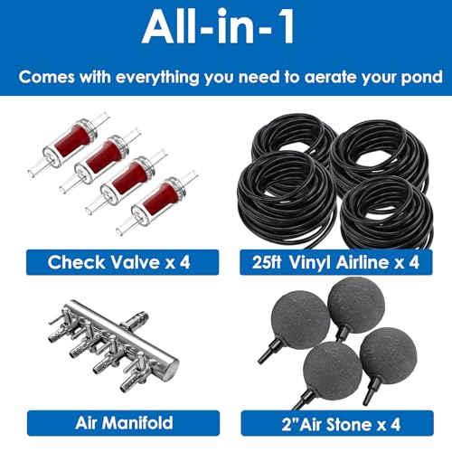 AquaMiracle All-in-One Koi Pond Aerator for Outdoor Ponds up to 3000 Gallons, Pond Air Pump Pond Aeration System with 4-Outlet Manifold Airline Tubing Air Stones Check Valves - size: Up to 3000 Gallon