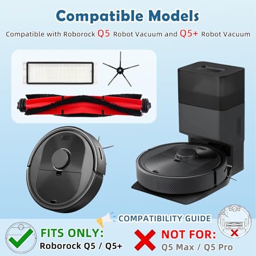 Q5 Replacement Accessories Kit Compatible with Roborock Q5 / Q5+ Plus(Not for Q5 Max / Q5 Pro) Robot Vacuum, 2 Main Brushes, 6 Washable Filters, 8 Side Brushes, 1 Cleaning Tool, 1 Screwdriver - color: Q5 Kit - Black