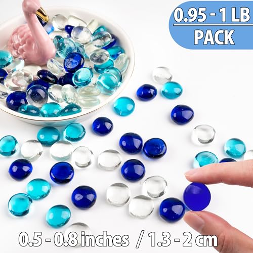 1LB Mixed Blue Glass Marbles, Transparent and Smooth Flat Glass Beads for Vases, Mosaic Gem Pebbles for Aquarium Decor, Floral Arrangements, Mancala Stones, Vase Filler and Crafts (Approx. 80-100 PCS) - color: Mixed Blue