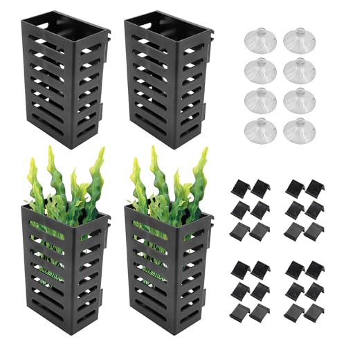 4 PCS Aquarium Plant Holder with 24 Hooks and 8 Suction Cups, Hanging Plant Holder for Fish Tank, Aquatic Plant Pots for Aquarium Decorations Plants, Hanging Aquatic Planter Cups (Black)