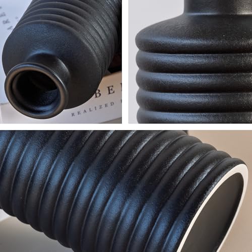 Black Ceramic Vases for Home Decor, Modern Farmhouse Frosted Semi Matte Textured Decorative Vase Set, Unique Vase for Entryway, Coffee Table, Shelf, Small Pampas Grass and Flowers - color: Black