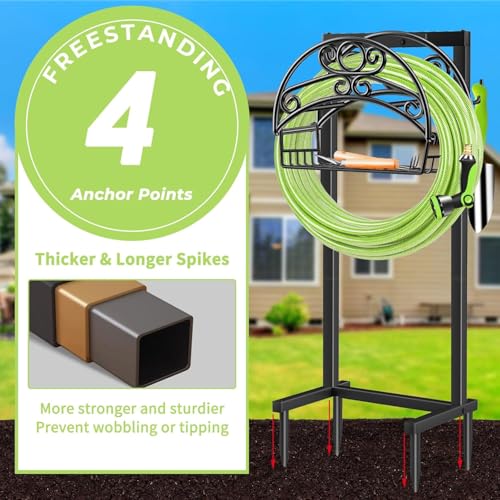 TomCare Garden Hose Holder Upgraded Water Hose Holder Heavy Duty 4 Spikes Hose Hanger Holds 160 Feet Hoses Stable Freestanding Hose Storage Organizer for Outside Yard - color: Black