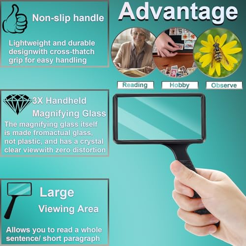 Large Rectangular Handheld Magnifying Glass，3X Magnification，2''x4''inches Handheld Magnifier，Scratch Resistant Glass Lens，Large Horizontal Viewing Area，for Seniors Reading，Hobbies，Repai， Observation