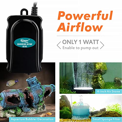 hygger Mini Aquarium Air Pump Kit Small Fish Tank Air Pump 1W for 2-20 Gallon Fish Bowl with Air Tube Air Bubbler Stone Check Valve
