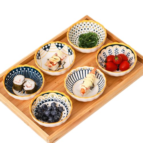 6 Pack 6 oz Cute Moroccan Soy Sauce Dish Small Dipping Sauce Bowls Ceramic Sushi Dipping Bowls for Sushi,Side Dish,Ketchup,Dips,Condiment,Snack,BBQ Party - color: Yellow