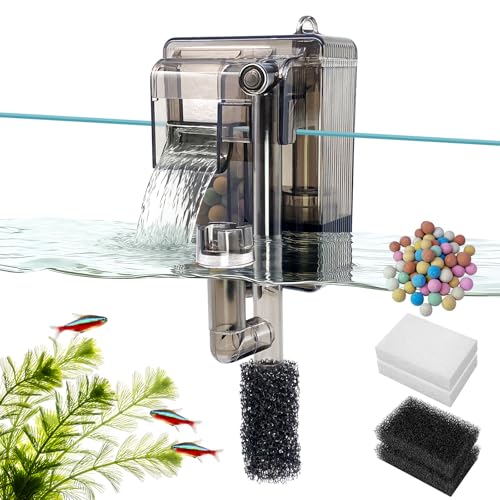 Small Fish Tank Filter for 3-5 Gallon Aquarium, USB Powered Quiet Hang On Back Filter with Upgraded 3-Stage Filtration System (Sponge & Quartz Balls), Adjustable Flow & Extra Media Set Included