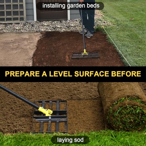 Colwelt Lawn Leveling Rake17 x10, Lawn Leveler Rake with Great Leveling Accuracy, Leveling Rake for Soil with 77’’ Adjustable Curved End Grip Handle, Lawn Leveling Tool Yard Leveler for Leveling Soil