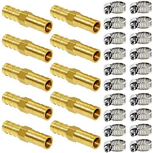 Joywayus Hose Barb Fitting 1/2" Hose ID,Hex Union Brass Fitting Water/Fuel/Air with 20 Stainless Steel Clamps(Pack of 10) - size: 0.5 Inch, style: 10PCS