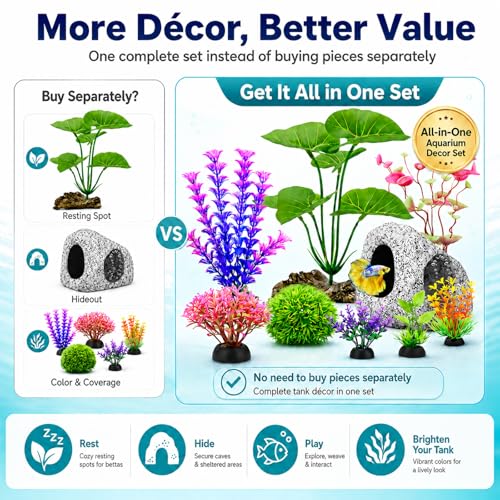 9 Pack Fish Tank Decorations for Betta Goldfish Bowl Decor | Aquarium Decor Kit, Betta Fish Tank Accessories, Hideout Cave, Moss Ball, Colorful Aquarium Plants for Resting, Hiding &Play