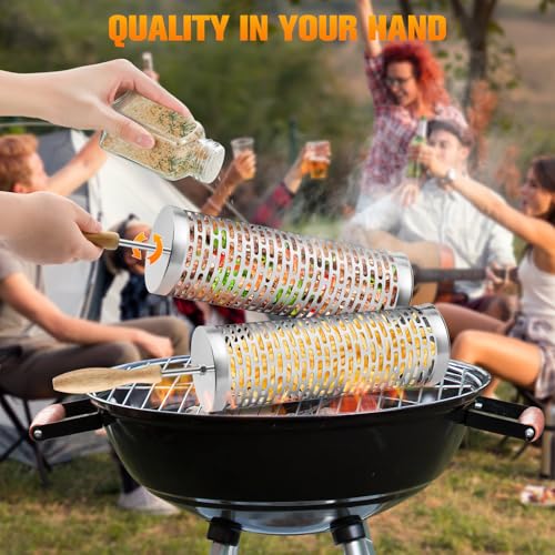 Rolling Grill Baskets,2 Pcs Nesting Grilling Net with Removable Wooden Handle,BBQ Accessories Tools for Vegetables Shrimp,Outdoor Camping Barbecue Rack,Gifts for Men Dad (Rectangle) - size: Rectangle