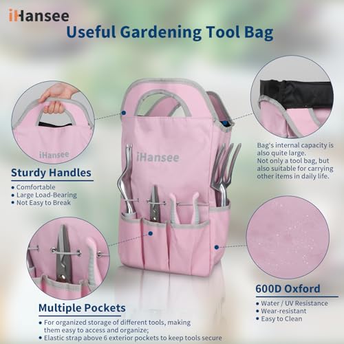 Pink Garden Tool Sets 12 Pieces, iHansee Aluminum Gardening Hand Tools with Non-Slip Handle, Kneeling Pad, Apron, Gloves and Organizer Bag, Landscaping Tools - Gift for Women & Garden Enthusiasts - style: Pink
