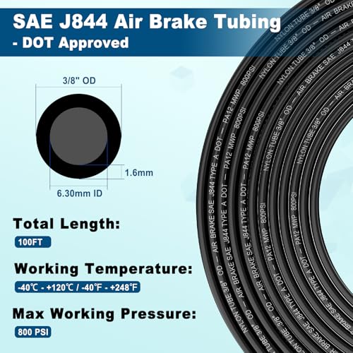 100FT 3/8 DOT Air Line SAE J844 PA12 Nylon Air Hose with Cutter 3/8” OD Pneumatic Tubing DOT Approved 3/8 Air Brake Hose for Air Suspension Kit Truck Trailer Brake System & Fluid Transfer 30.5m - size: 3/8" OD 100FT