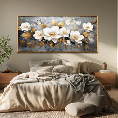 FUHAIHUA Wood Framed Canvas Wall Art For Living Room Large Wall Decor For Office Bedroom Decoration White Flower Pictures Farmhouse Painting Artwork Room Wall Mural Aesthetic Home Decor 32x72 - color: White Flower Wood Framed, size: 72"L x 32"W