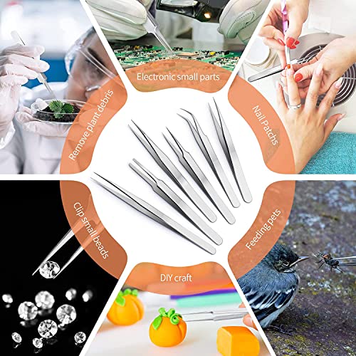 H&W Precision Tweezers 6PCS Set, Upgraded Anti-Static Stainless Steel Curved of Tweezers, for Electronics, Laboratory Work, Jewelry-Making, Craft, with Storage Bag