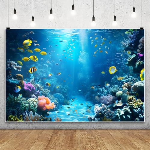Underwater Aquarium Backdrop 10X8ft Tropical Ocean Fish Coral Under The Sea Theme Decoration Background Kids Birthday Party Baby Shower Supplies Banner Photo Booth Studio Props - color: Ocean-3