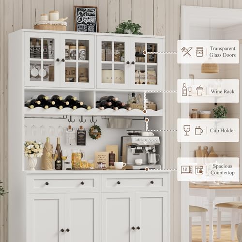 HOSTACK 75.4" Tall Kitchen Pantry Cabinet with Charging Station, Modern White Kitchen Hutch with Microwave Stand and Wine Racks, Large Food Pantry Storage Cabinet with Glass Doors and Drawers, White - color: White